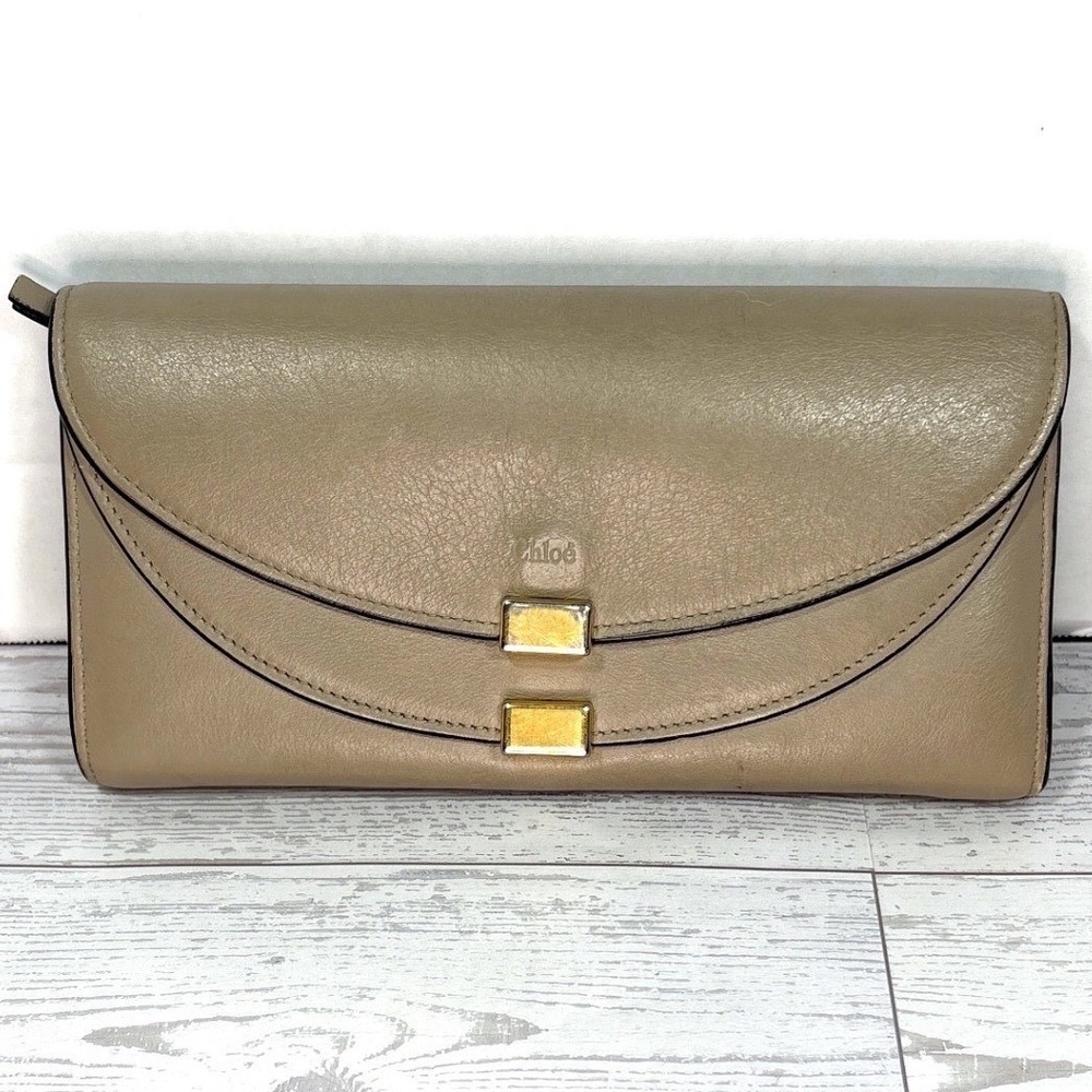 Chloe Leather Wallet Clutch Taupe Gold Hardware Foldover Double Flap